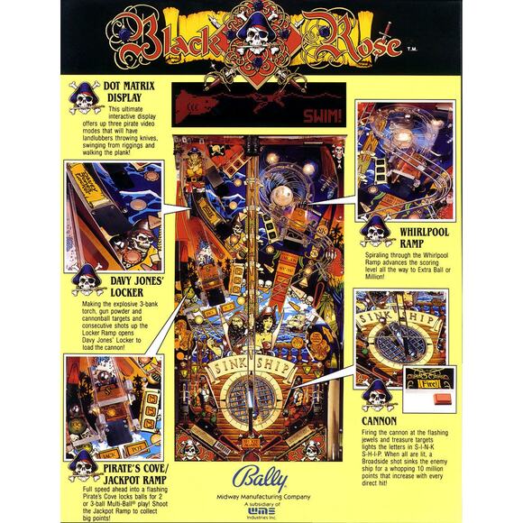 Black Rose Pinball Flyer Original 1992 NOS Pirate Ship Skulls Art Vintage Retro - Picture 3 of 6